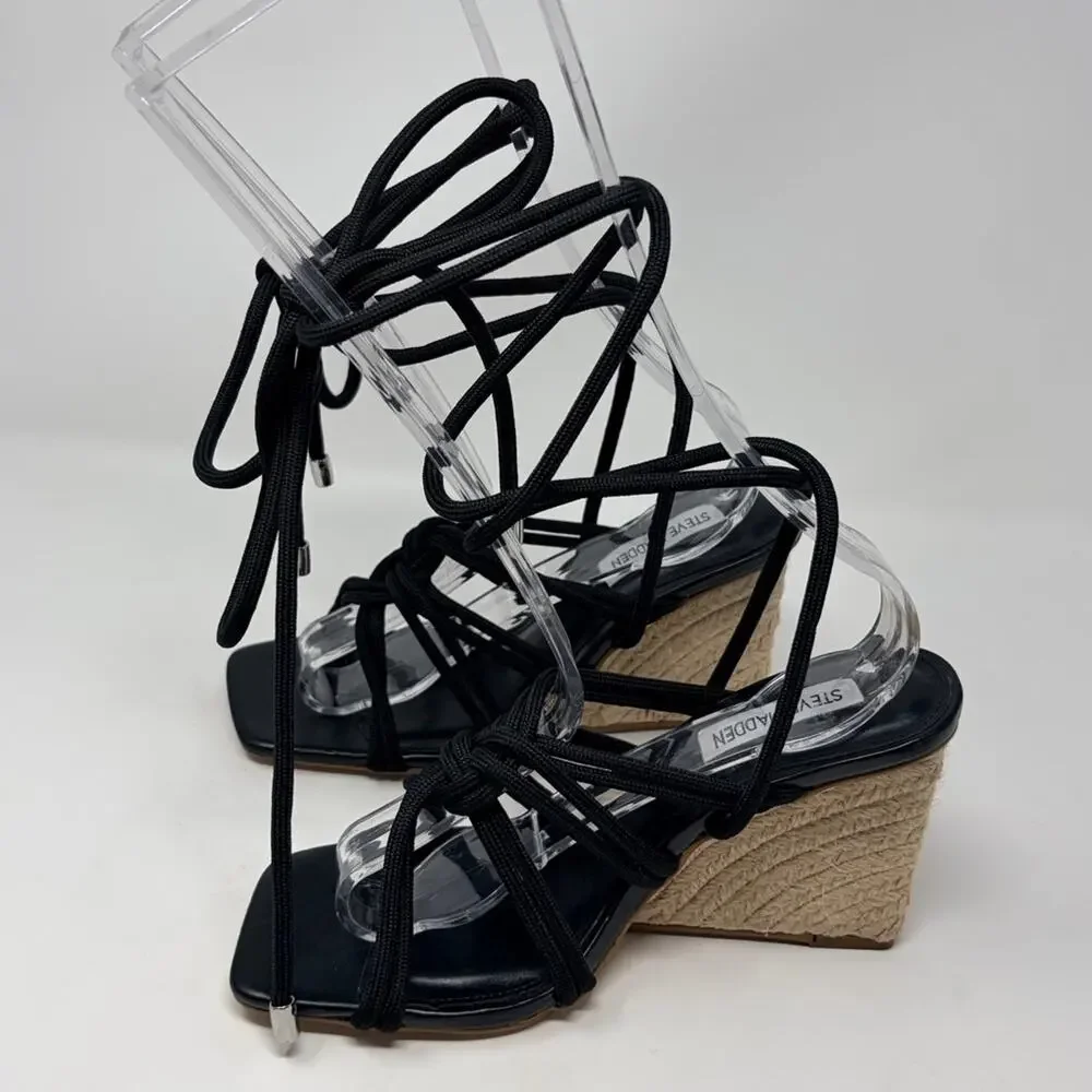 NEW Steve Madden Idolized Black Rope Ankle TIe Wedge Sandals, Size 7.5 MSRP $118